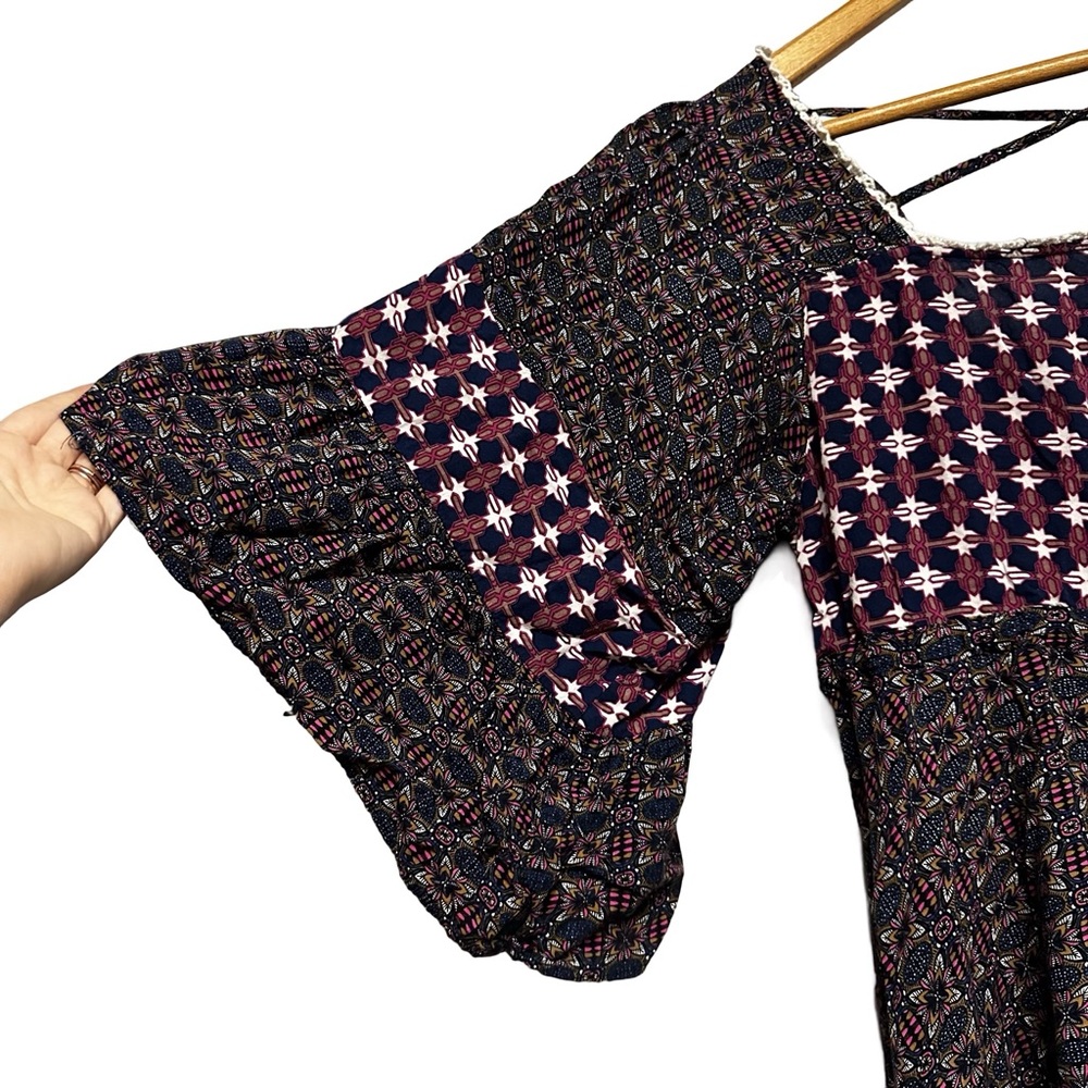 Umgee Boho Patchwork Mini Dress Ruffle Sleeve Pea… - image 6